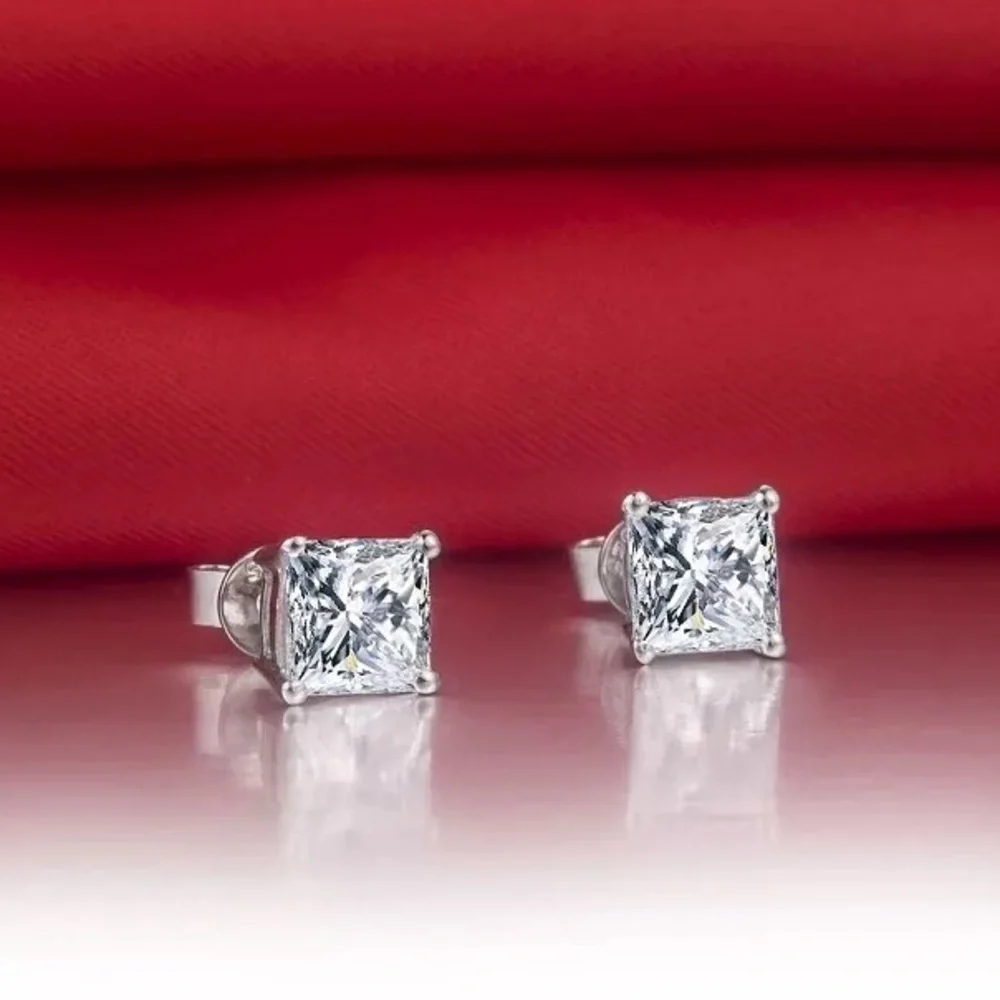 4-7mm Square Cut VVS Diamond 925 Silver Pin Studs